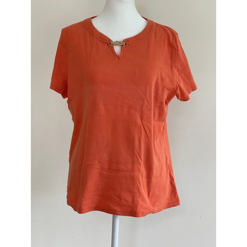 Talbots Womens Orange 100% Cotton Short Sleeve Tee Gold Knot Detail Size L